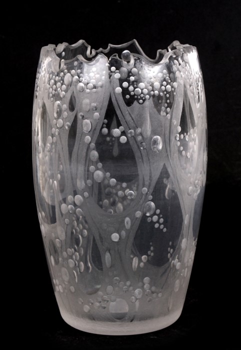 Shirley A Palmer, an engraved glass vase with abstract stylised decoration, signed to the base,