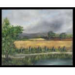 20th century school - Cornfield with Pond in the Foreground - oil on canvas, unframed, 38 by