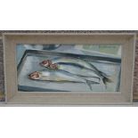 Bodil Strand - Still Life of Fish - signed & dated 1960 upper right, oil on board, framed, 38 by