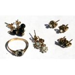 A 9ct gold sapphire set dress ring; together with four pairs of gold earrings, total gross weight