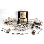 A pair of Mappin & Webb silver plated entree dishes and covers; together with a cased set of fish