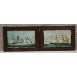 A pair of modern prints depicting sailing ships, in faux rosewood frames, each overall 65 by