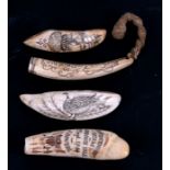 Four scrimshaw decorated teeth (4).Condition ReportThree are bone and one is either antler or resin,