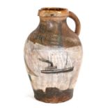 Follower of Alfred Wallis, an earthenware pottery jug decorated with ships, 38cms (15ins) high.