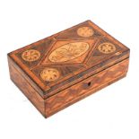 An early 19th century inlaid box with parquetry top decorated with flowers, 22cms (8.75ins) wide.