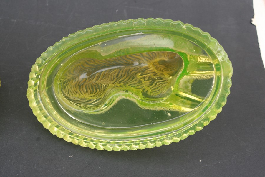 A pair of Victorian pressed uranium glass Newfoundland dogs on plinths, 18cms (7ins) long; together - Image 3 of 5