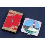 An Art Deco compact, the lid inset with an enamel panel decorated with a water skier; together