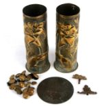 A pair of WWI trench art vases, 23cms (9ins) high; together with a WWI Death Plaque named to