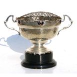 An Art Nouveau silver plated two-handled rose bowl on stand with enamel decoration, 21cms (8.