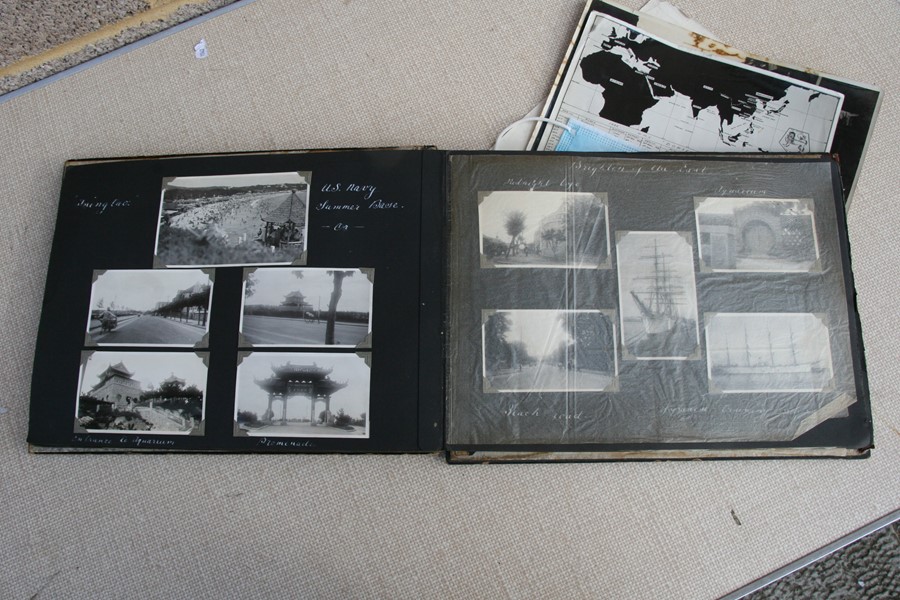 A 1930's black lacquer photograph album containing Japanese and Chinese black and white - Image 21 of 27