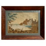 An 18th century stumpwork picture depicting a landscape with a castle in the distance and