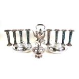 A set of Russell Court Hotel Elkington plated vases, 25cms (9.75ins) high; a pair of entree