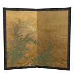 A large bi-fold Japanese painted screen decorated with foliage, overall 184 by 170cms (72.5 by