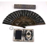 A modern hinged two-section silver photo frame & clock; together with a black lace hand fan (2).