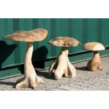 Three carved wooden mushroom statues, the largest 51cms (20ins) diameter (3)>