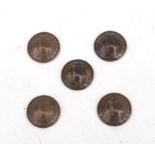 A set of five WW1 trench art style British Tommy helmets made from pennies, dated 1914 through to