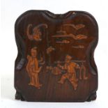 A Chinese hardwood panel with applied figures and a bat, 17cms (6.75ins) high.Condition