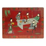 A Chinese lacquer panel depicting figures around a table, 61cms (24ins) wide, a set of faux bamboo