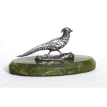 A late Victorian Sampson Mordan & Co. paperweight modelled as a silver pheasant on a green marble