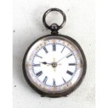 A silver cased open faced fob watch, the white enamel dial with Roman numerals and gilt