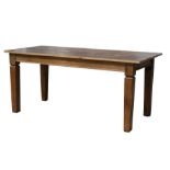 A large oak farmhouse kitchen table with square tapering legs, 171cms (67ins) wide.