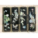 A set of four Chinese contemporary lacquer panels depicting birds and foliage, each overall 30 by