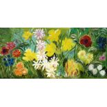 Modern British - Brightly Coloured Flowers - oil on board, framed, 76 by 38cms (30 by 15ins).