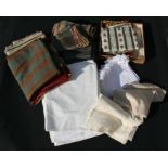 A quantity of assorted vintage linen & textiles, including silk damask, tweed, linen tablecloths and