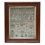 A 19th century sampler, with alphabet birds and flowers, by Ann Davenport 1840, framed & glazed,