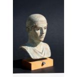 A bronzed pottery bust of the Charioteer of Delphi mounted on a wooden plinth, 26cms (10.25ins)