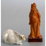 A Chinese carved alabaster figure in the form of a hare, 11cms (4.25ins) wide; together with a