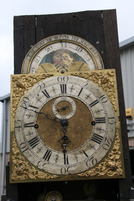A longcase clock, the 30cm brass square arched dial with phase of the moon subsidiary seconds - Image 4 of 7