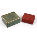 An Art Deco shagreen table top cigarette box, 12cms (4.75ins) wide; together with a Chinese red