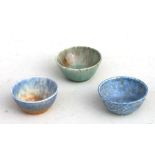 Three Ruskin pottery miniature bowls, each with an impressed mark to the underside, 6cms (2.25ins)