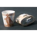 A WW1 ceramic Tank Money Bank 16.5cms (6.5ins) long together with a WW1 Royal Doulton (RD No.