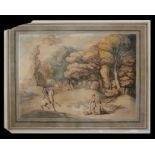 Attributed to Rowlandson - A Landscape with Gentlemen on Horseback Riding Towards Women Washing