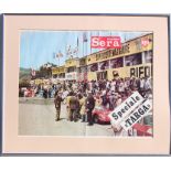 An original 1960s Targa Florio poster, depicting the pits with Ferrari and Alfa Romeo sports cars,