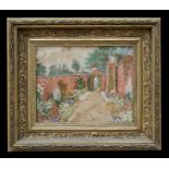 A silk embroidered and watercolour picture depicting a walled garden, framed & glazed, 24 by