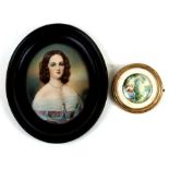 An oval portrait miniature of a young girl, 6 by 8cms (2.25 by 3.1ins); together with a portrait