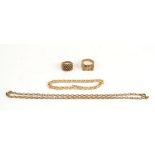 A 9ct gold bracelet, a 9ct gold necklace and two 9ct gold gentleman's rings, total weight 50.7g.