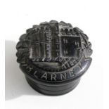 A Victorian Irish bog oak snuff box decorated with Blarney Castle, 5cms (2ins) diameter.