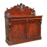 A Victorian figured mahogany chiffonier with two frieze drawers above cupboards, on a plinth base,