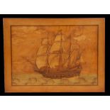 An inlaid wooden panel decorated with a three-masted galleon in a choppy sea, 54cms (21.25ins)