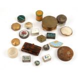 A micromosaic pill box, a burr wood snuff box and other small boxes.