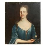 19th century English school - Head & Shoulder Portrait of a Lady in a Blue Velvet Dress Holding a