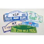 Six assorted rally plaques, Priz des Alpes 2000, 2000 Mile Trial, L’Ardenne Bleue Calssique,
