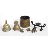 A Japanese brass bell in the form of a tortoise; together with an Indian brass pot; a cast brass