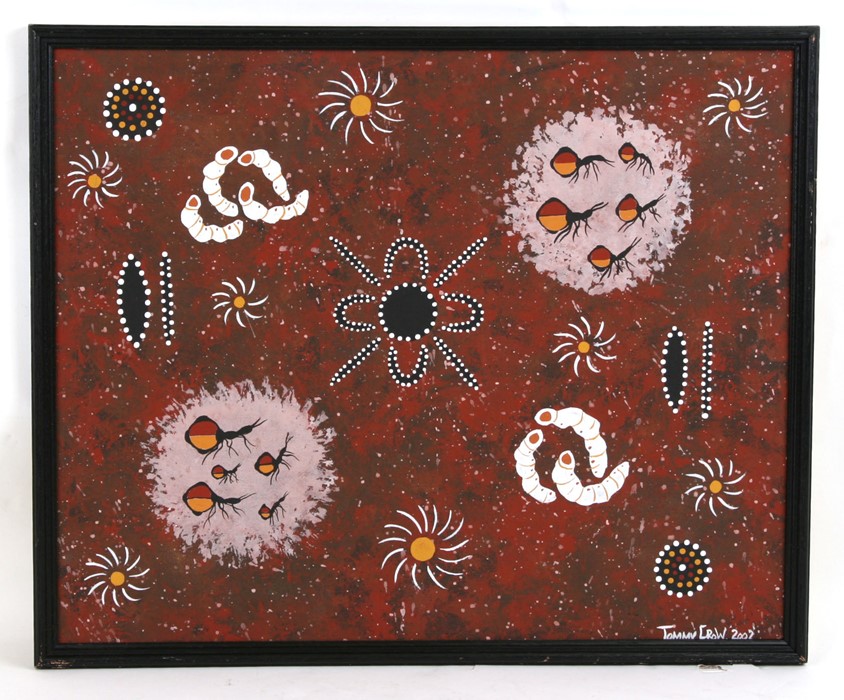 Tommy Crow, Aboriginal artwork depicting stylised ant and grubs, signed and dated 2002 lower right