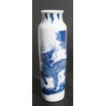 A Chinese blue & white vase of tall cylindrical form decorated a mythical beast, 27cms (10.5ins)
