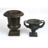 A bronze urn in the Roman style, 21cms (8.25ins) high; together with a bronze two-handled bowl of